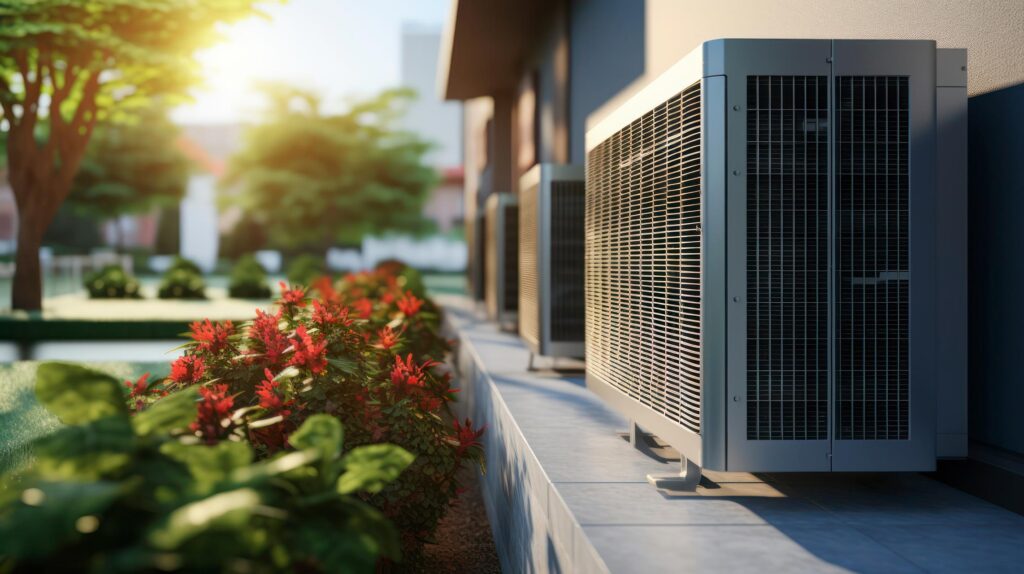 An exterior of a building with multiple AC units and flowers